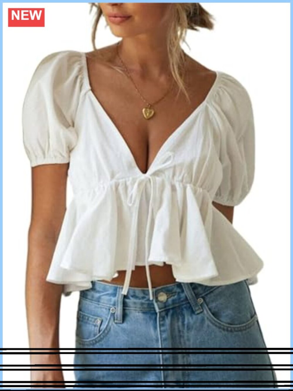Womens Ruffle Hem Peplum Crop Top Puff Sleeve Tie Back Blouse